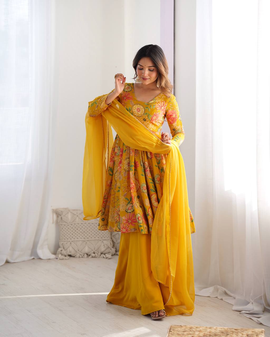 Party Wear Yellow Color Heavy Soft Chanderi Gown For Girls