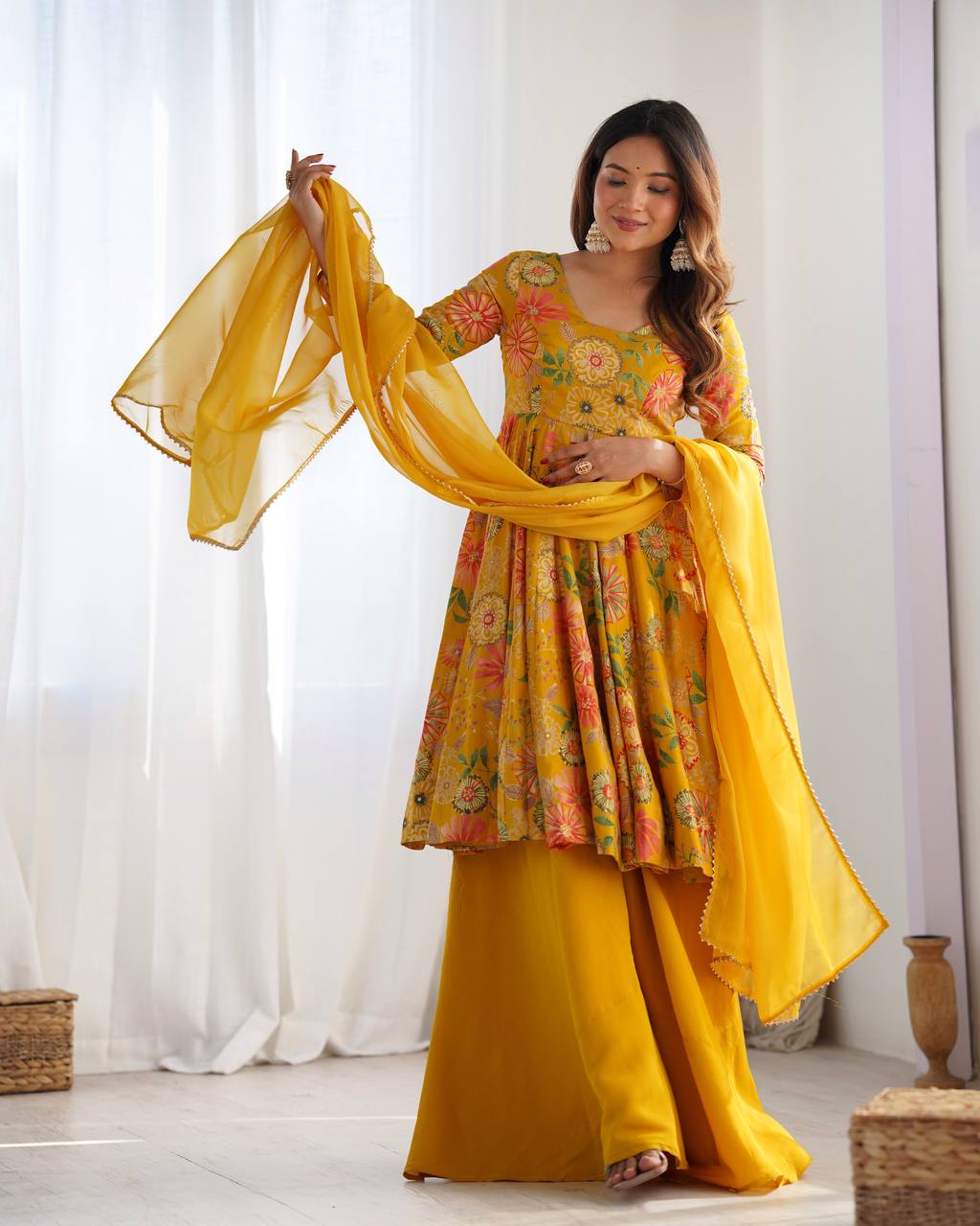 Party Wear Yellow Color Heavy Soft Chanderi Gown For Girls