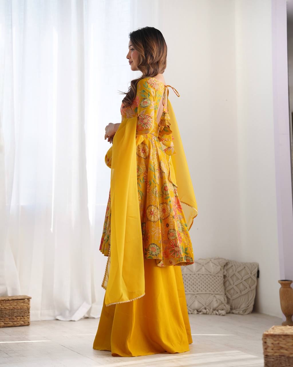 Party Wear Yellow Color Heavy Soft Chanderi Gown For Girls