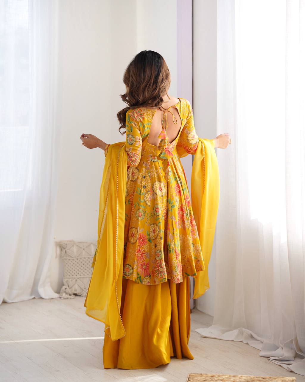 Party Wear Yellow Color Heavy Soft Chanderi Gown For Girls