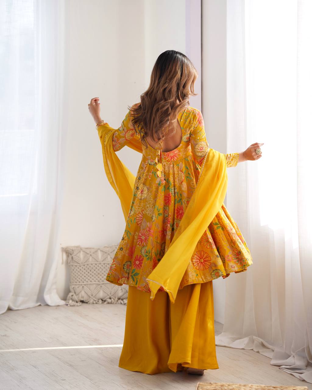 Party Wear Yellow Color Heavy Soft Chanderi Gown For Girls