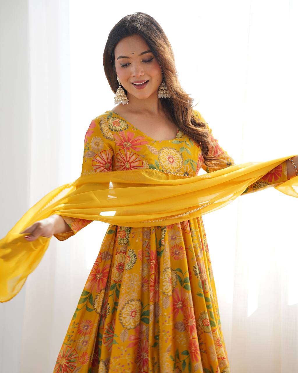 Party Wear Yellow Color Heavy Soft Chanderi Gown For Girls