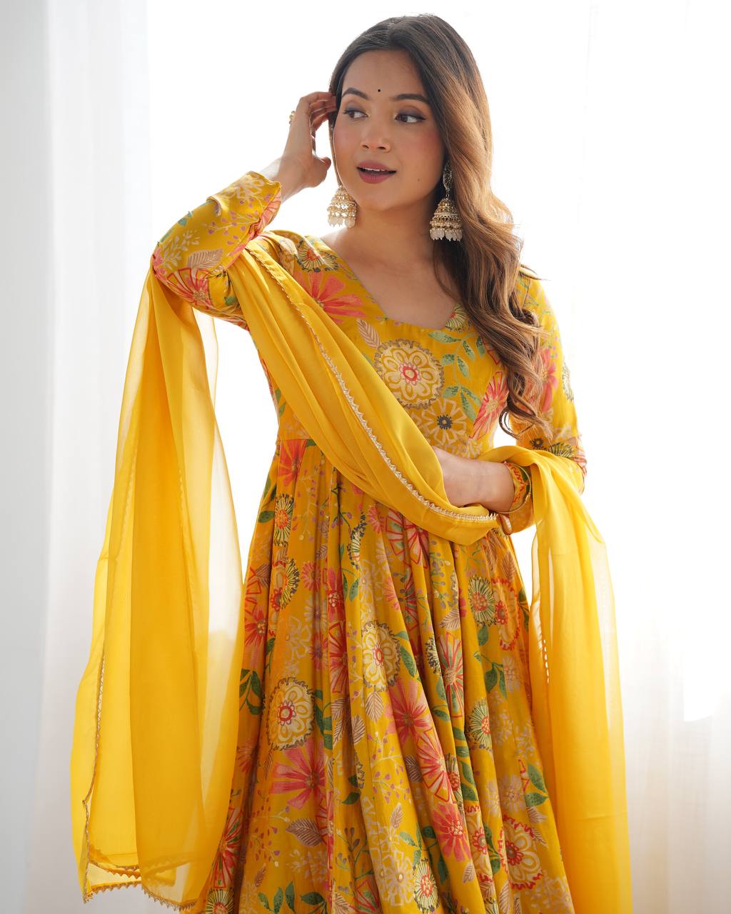 Party Wear Yellow Color Heavy Soft Chanderi Gown For Girls