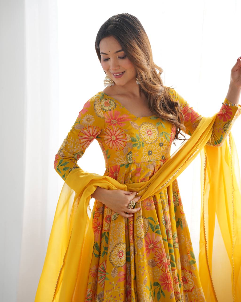 Party Wear Yellow Color Heavy Soft Chanderi Gown For Girls