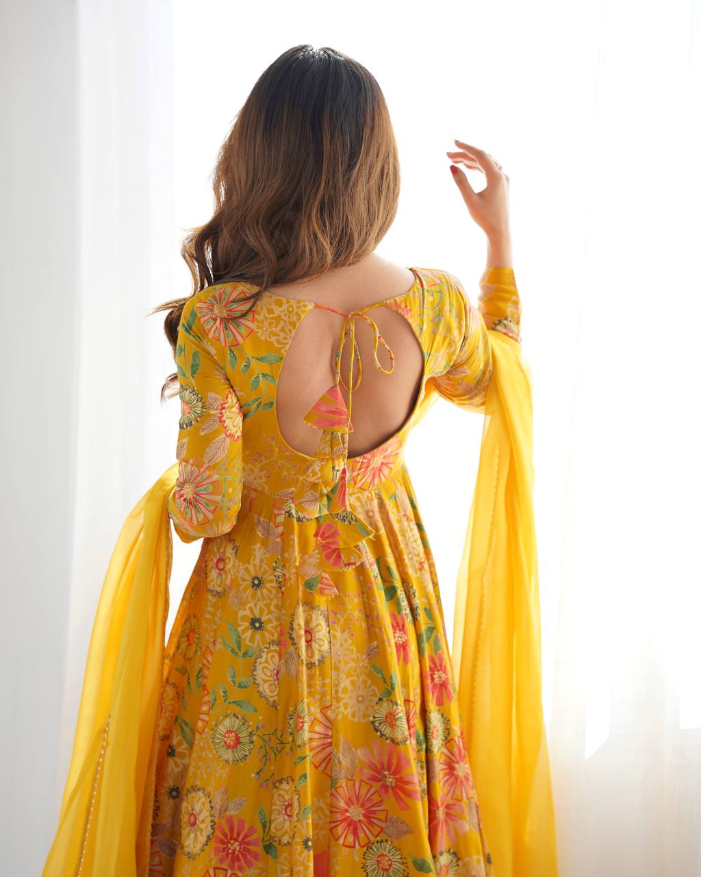 Party Wear Yellow Color Heavy Soft Chanderi Gown For Girls