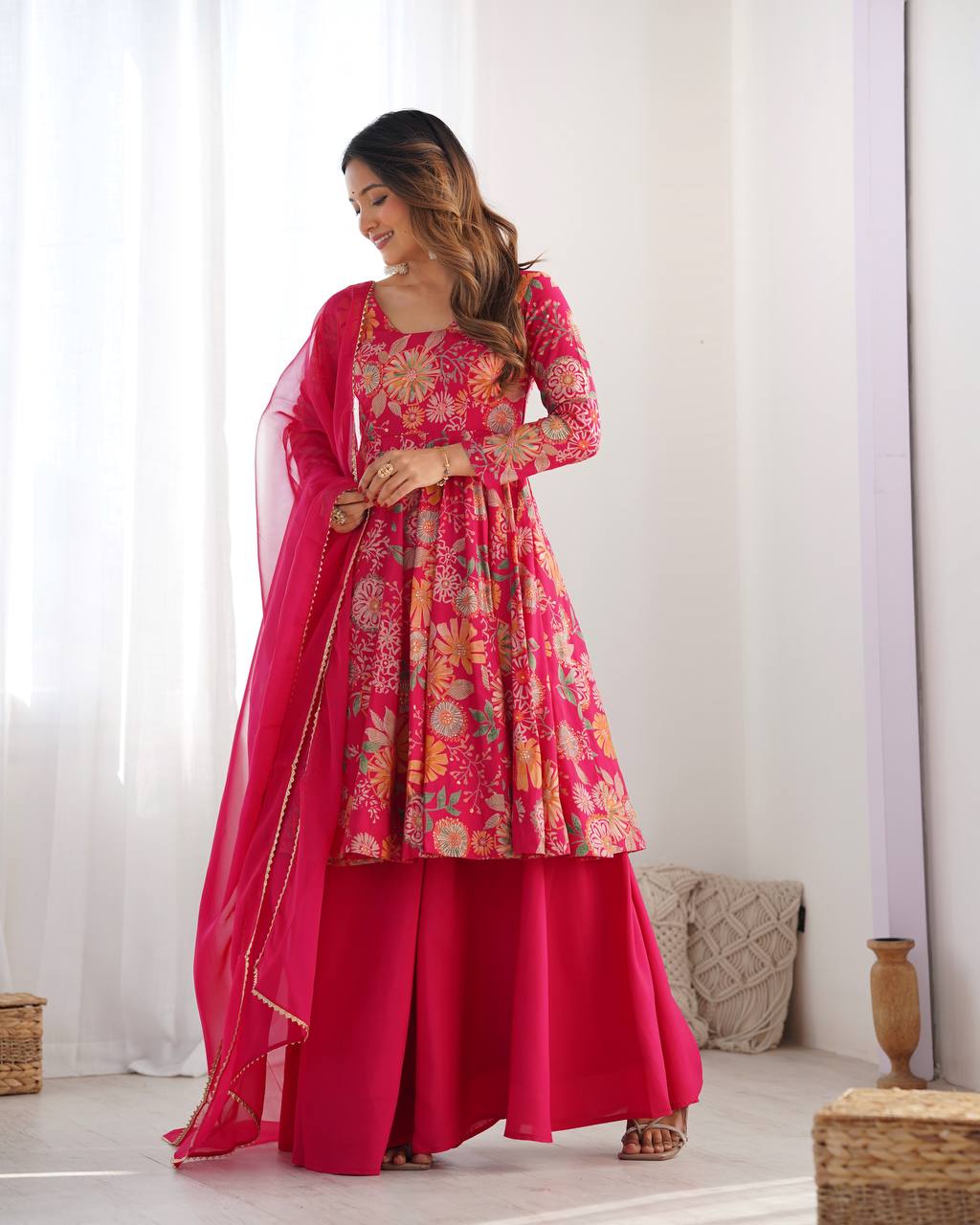 Wedding Wear Pink Color Heavy Soft Chanderi Gown For Girls