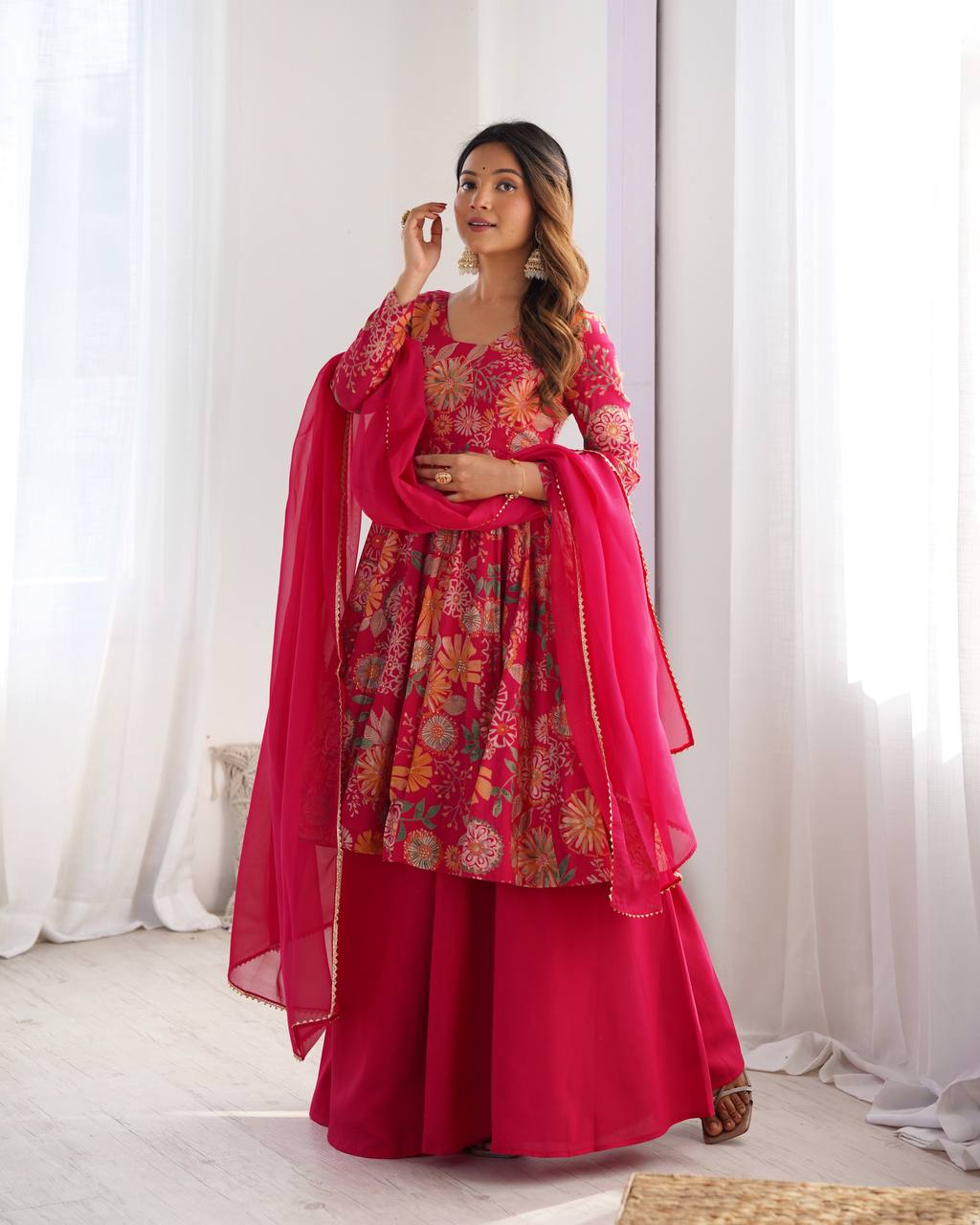 Wedding Wear Pink Color Heavy Soft Chanderi Gown For Girls