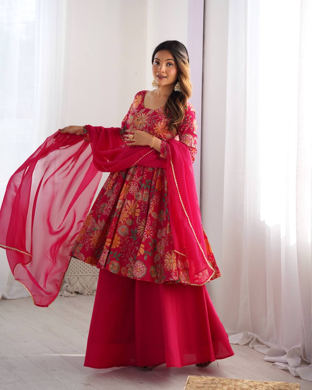 Wedding Wear Pink Color Heavy Soft Chanderi Gown For Girls
