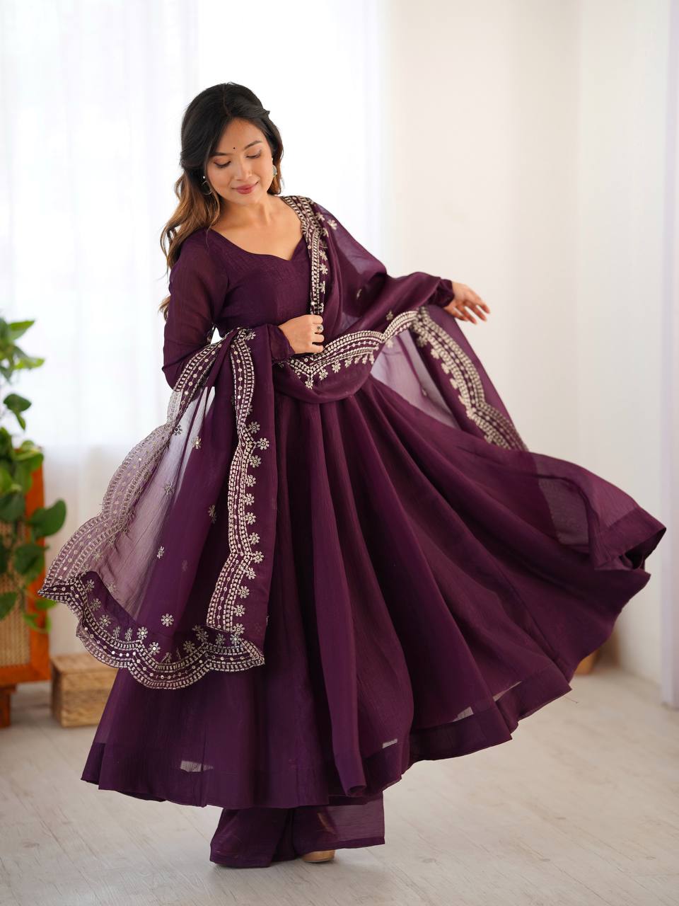 Party Wear Wine Color Heavy Fandy Silk Gown For Girls
