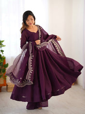 Party Wear Wine Color Heavy Fandy Silk Gown For Girls