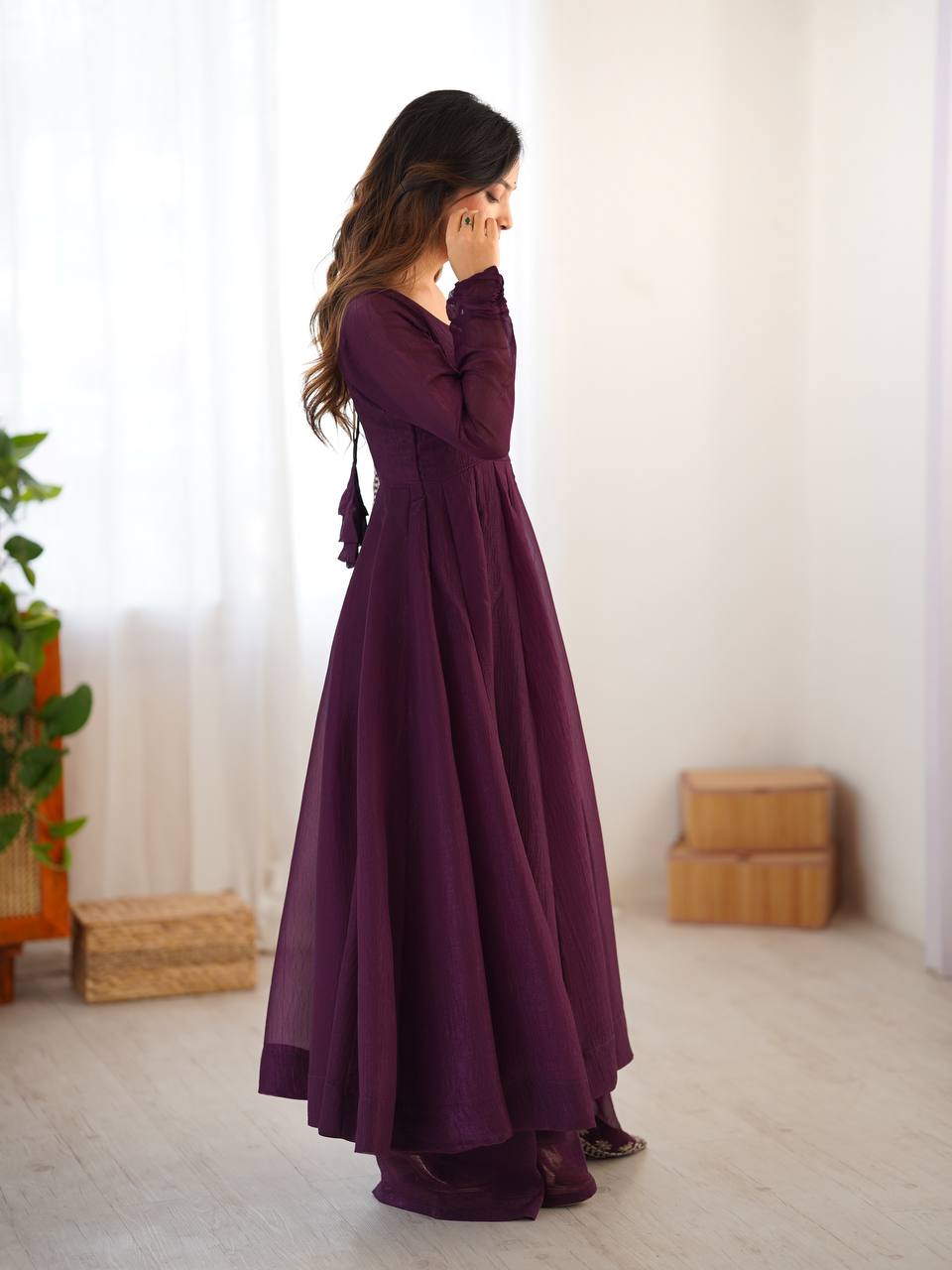 Party Wear Wine Color Heavy Fandy Silk Gown For Girls