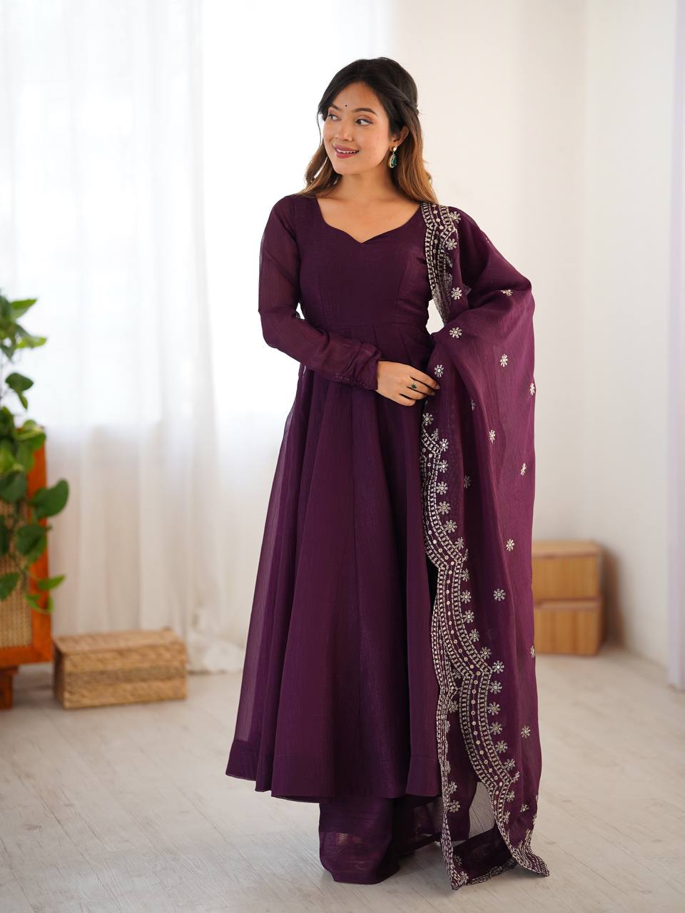 Party Wear Wine Color Heavy Fandy Silk Gown For Girls