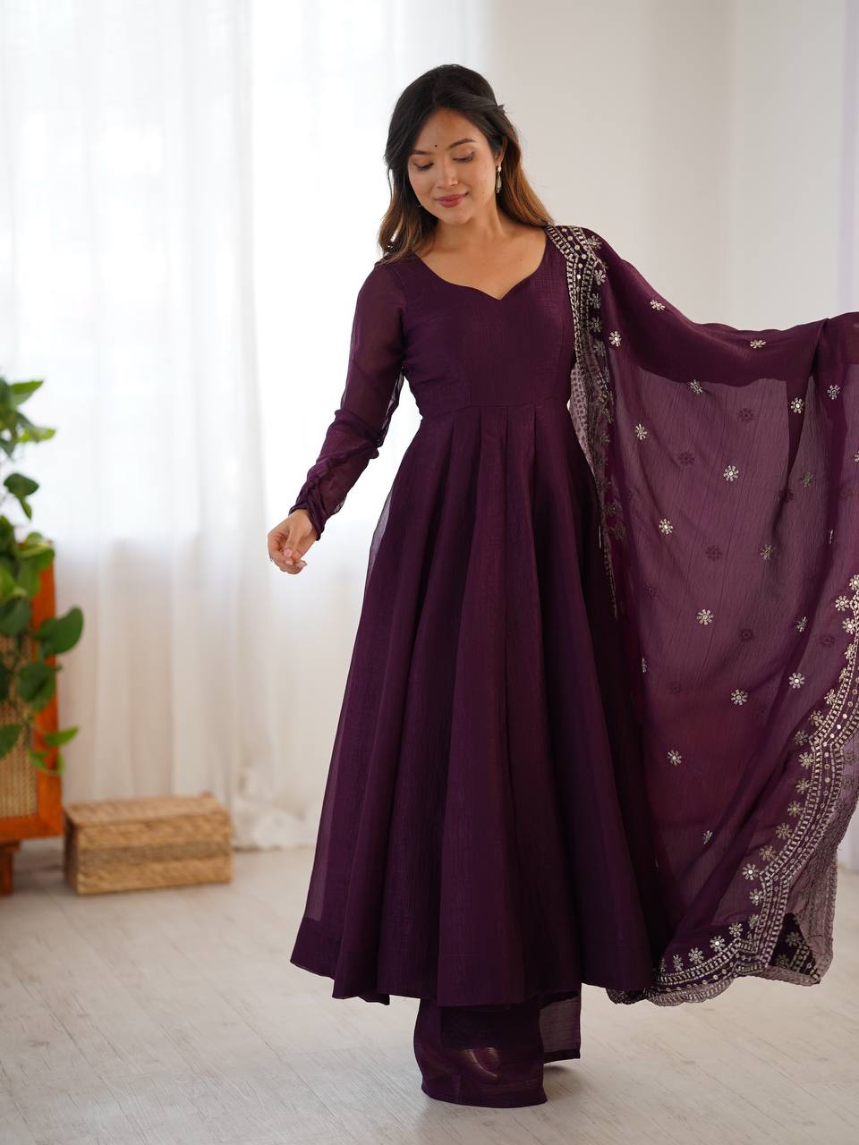Party Wear Wine Color Heavy Fandy Silk Gown For Girls