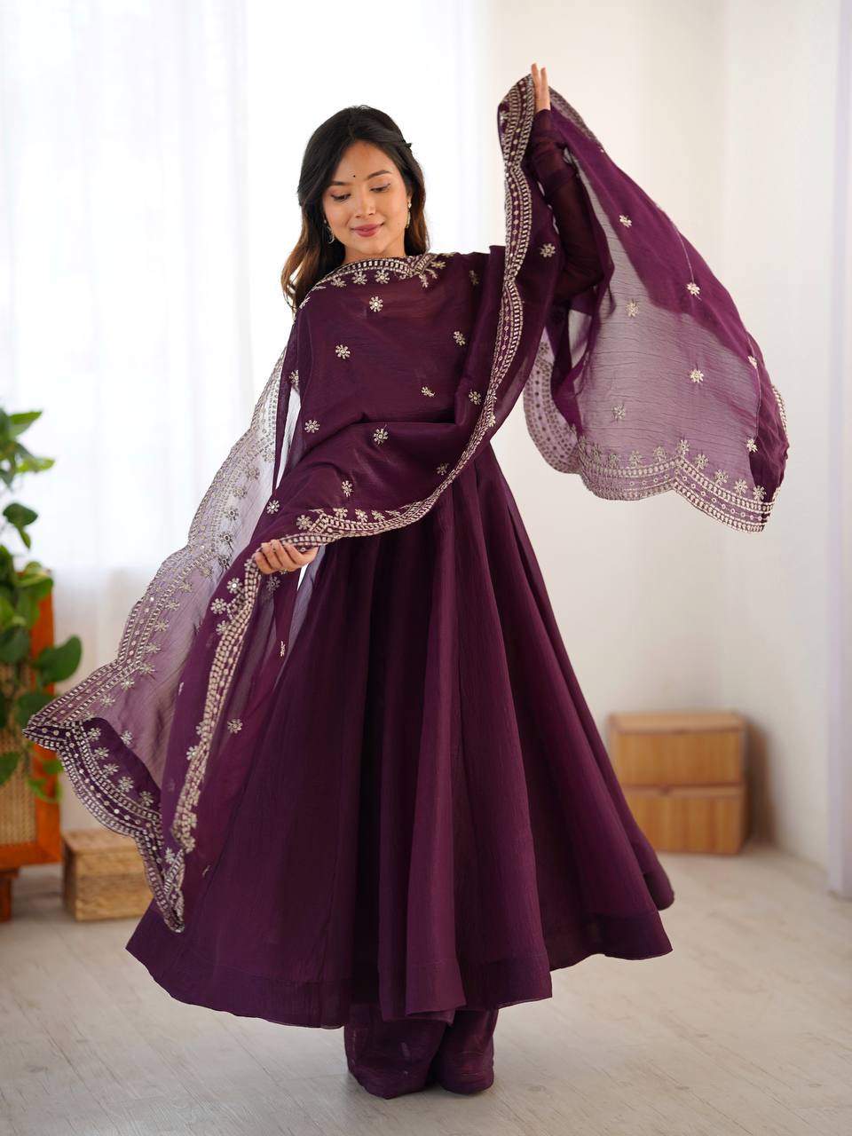 Party Wear Wine Color Heavy Fandy Silk Gown For Girls