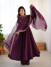 Party Wear Wine Color Heavy Fandy Silk Gown For Girls