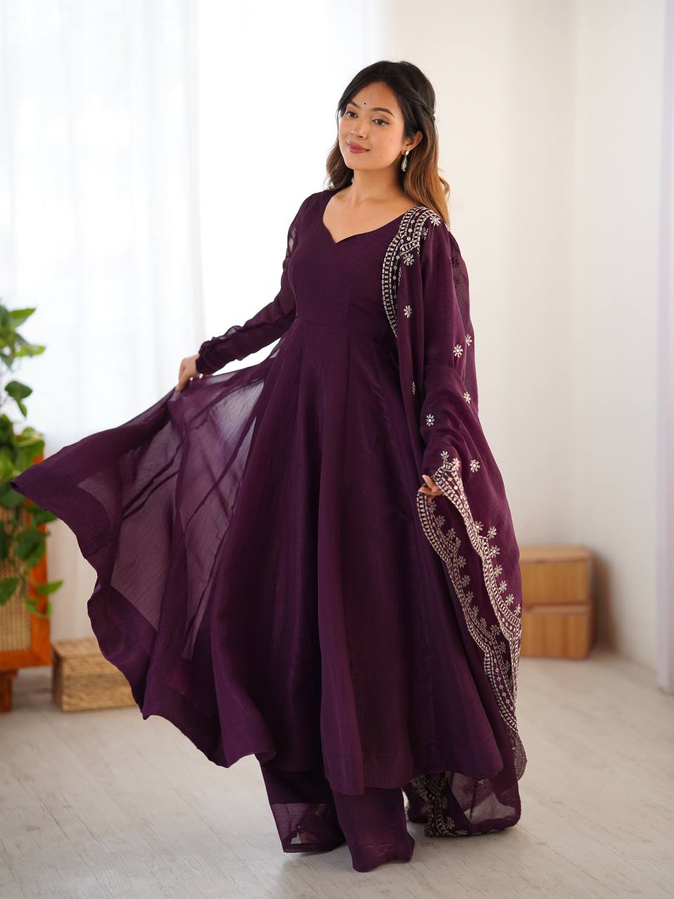 Party Wear Wine Color Heavy Fandy Silk Gown For Girls