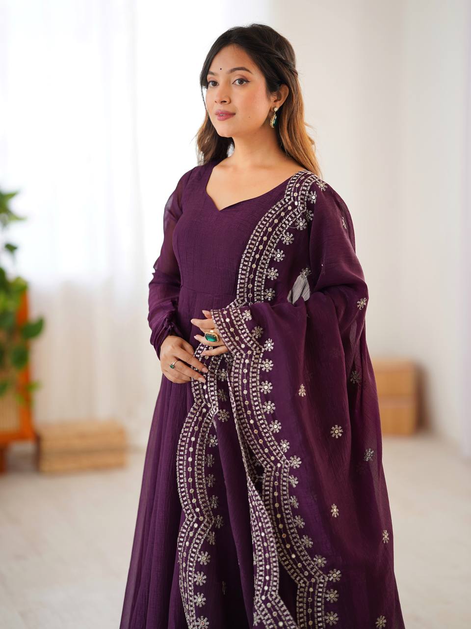 Party Wear Wine Color Heavy Fandy Silk Gown For Girls