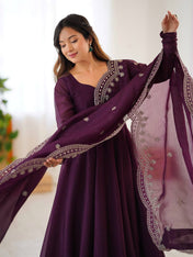 Party Wear Wine Color Heavy Fandy Silk Gown For Girls