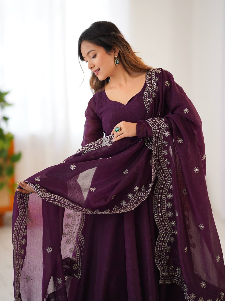Party Wear Wine Color Heavy Fandy Silk Gown For Girls