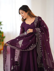 Party Wear Wine Color Heavy Fandy Silk Gown For Girls
