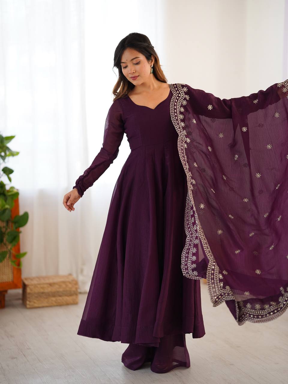 Party Wear Wine Color Heavy Fandy Silk Gown For Girls