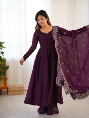 Party Wear Wine Color Heavy Fandy Silk Gown For Girls