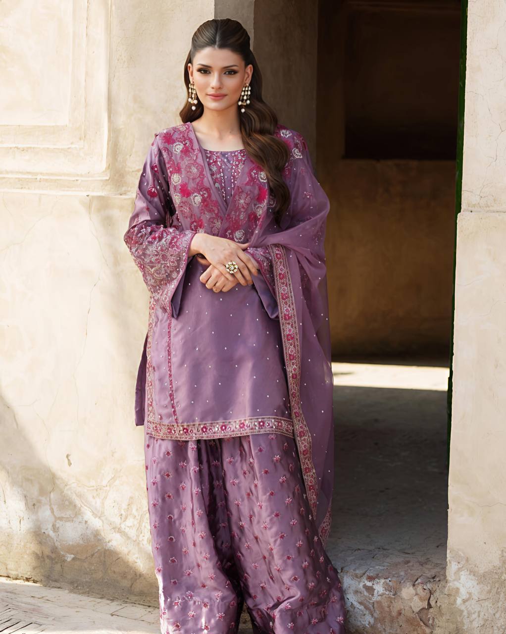 Wedding Wear Purple Color Chinnon Silk Suit For Girls
