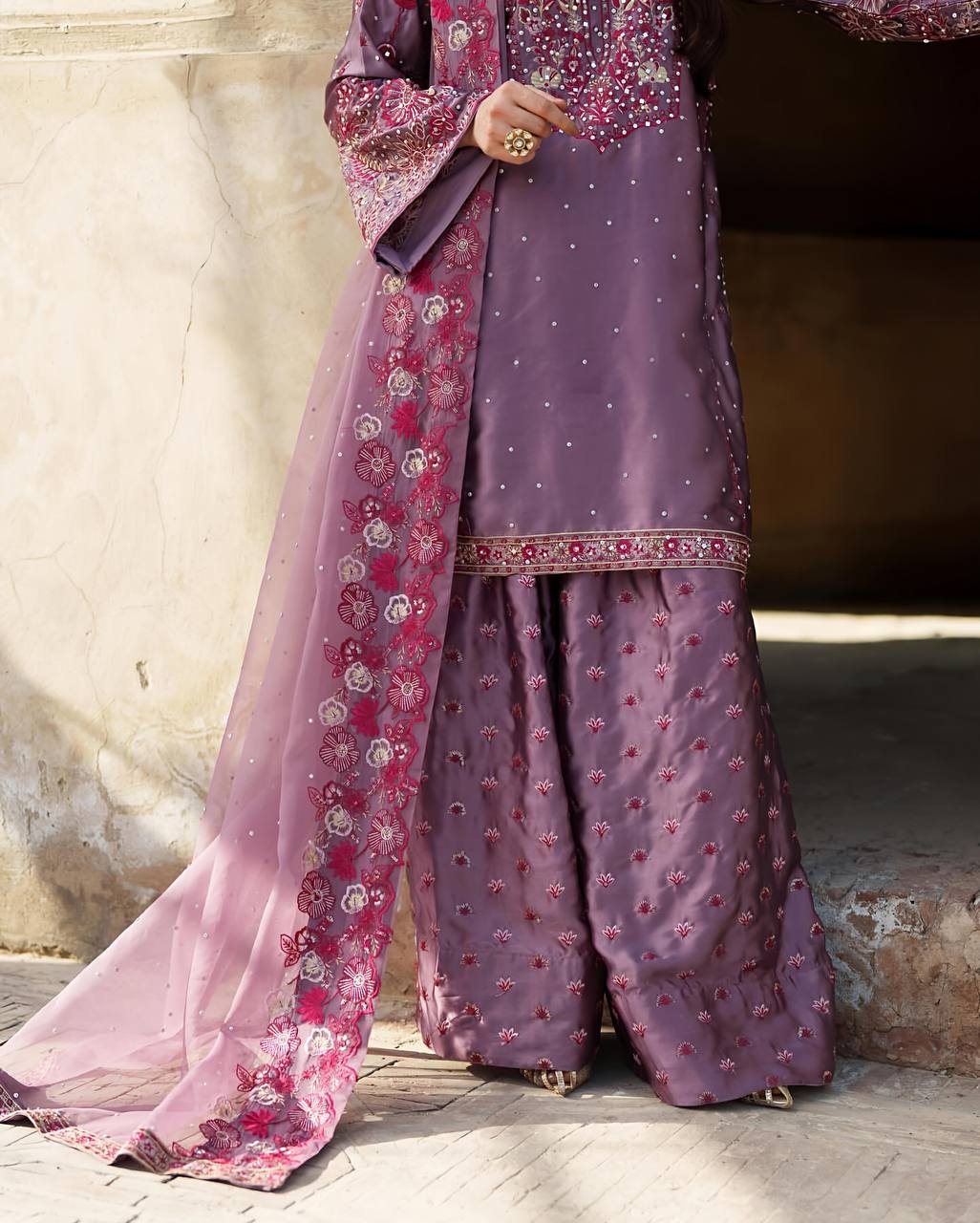 Wedding Wear Purple Color Chinnon Silk Suit For Girls
