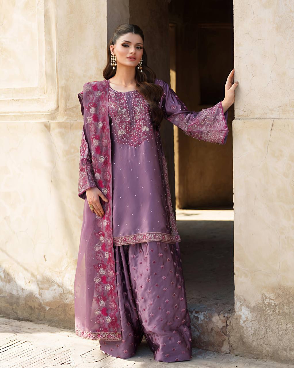 Wedding Wear Purple Color Chinnon Silk Suit For Girls
