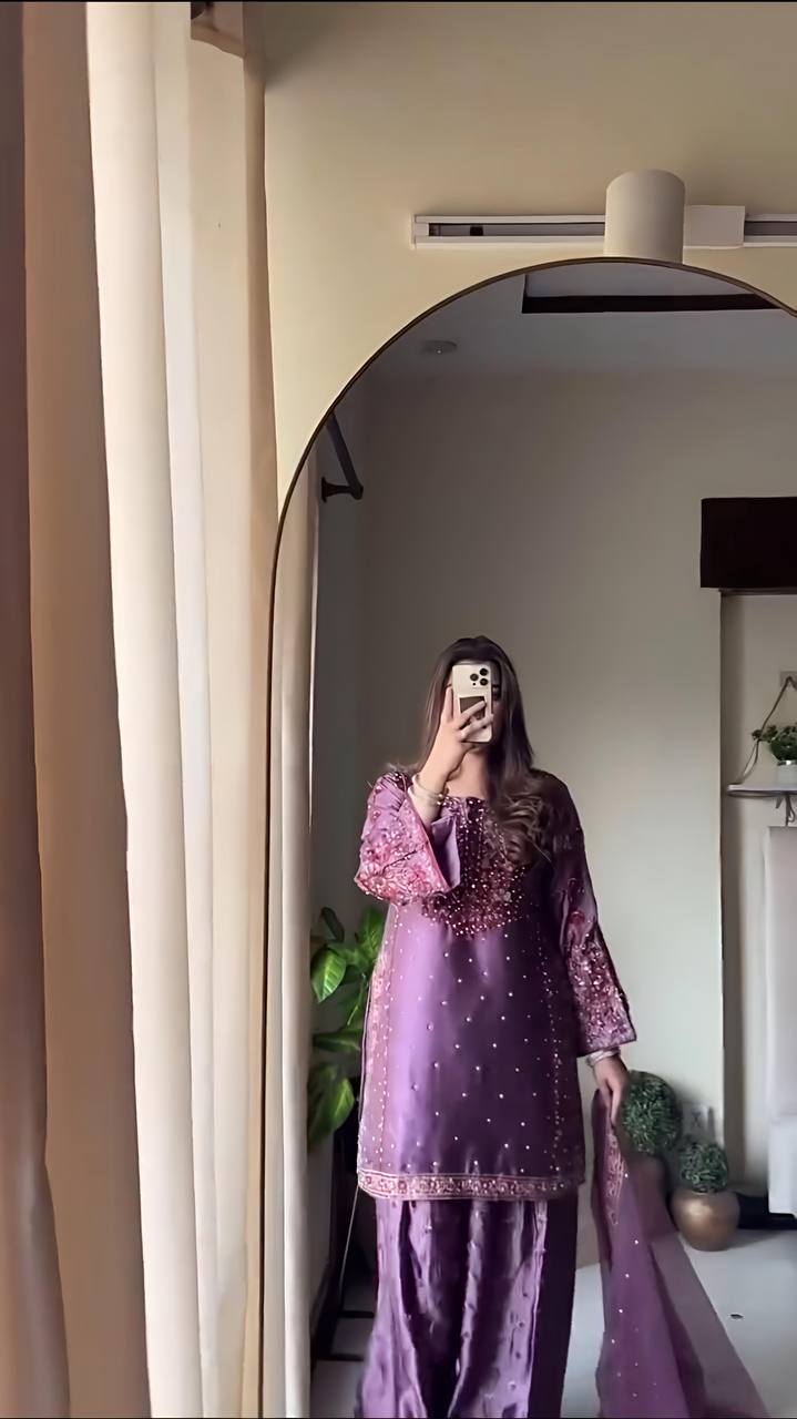 Wedding Wear Purple Color Chinnon Silk Suit For Girls