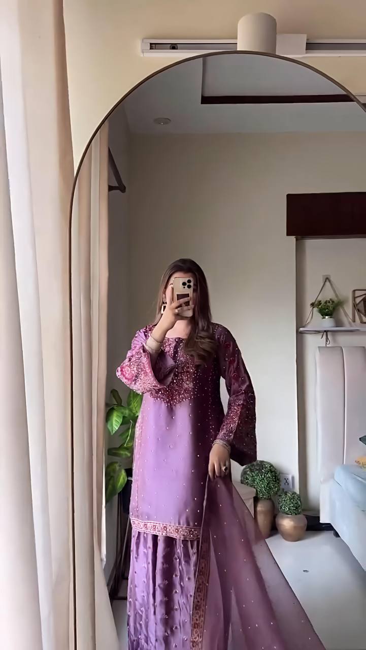 Wedding Wear Purple Color Chinnon Silk Suit For Girls