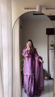 Wedding Wear Purple Color Chinnon Silk Suit For Girls