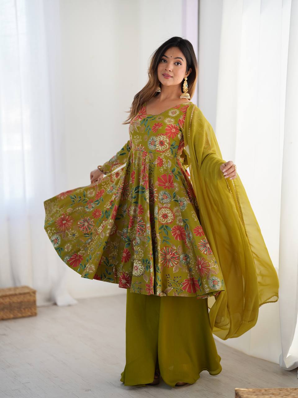 Festival Wear Mehndi Color Heavy Soft Chanderi Gown For Girls