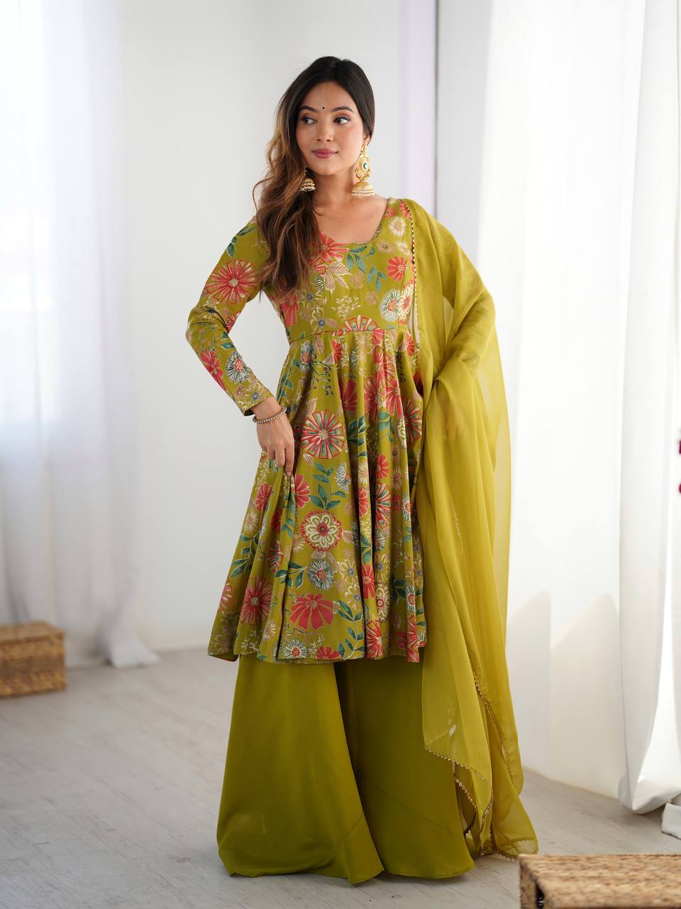Festival Wear Mehndi Color Heavy Soft Chanderi Gown For Girls