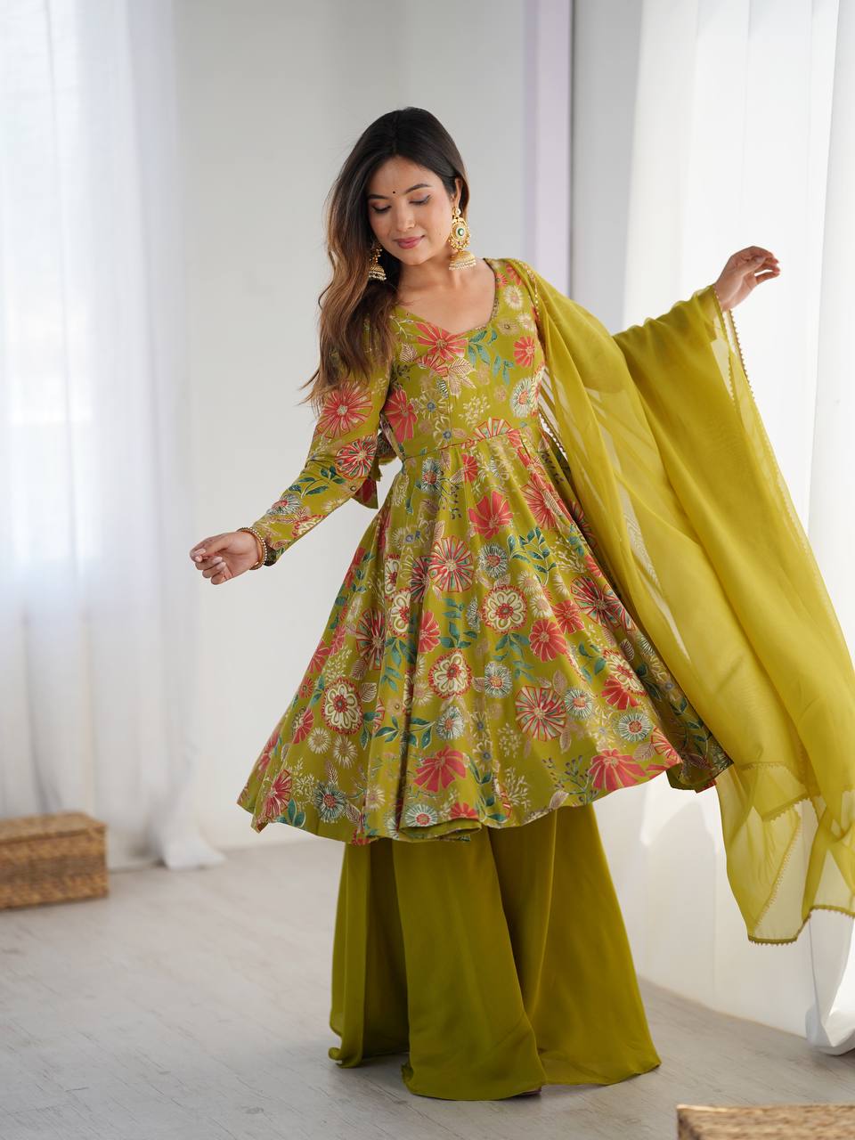Festival Wear Mehndi Color Heavy Soft Chanderi Gown For Girls