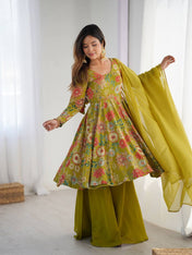 Festival Wear Mehndi Color Heavy Soft Chanderi Gown For Girls
