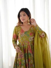 Festival Wear Mehndi Color Heavy Soft Chanderi Gown For Girls