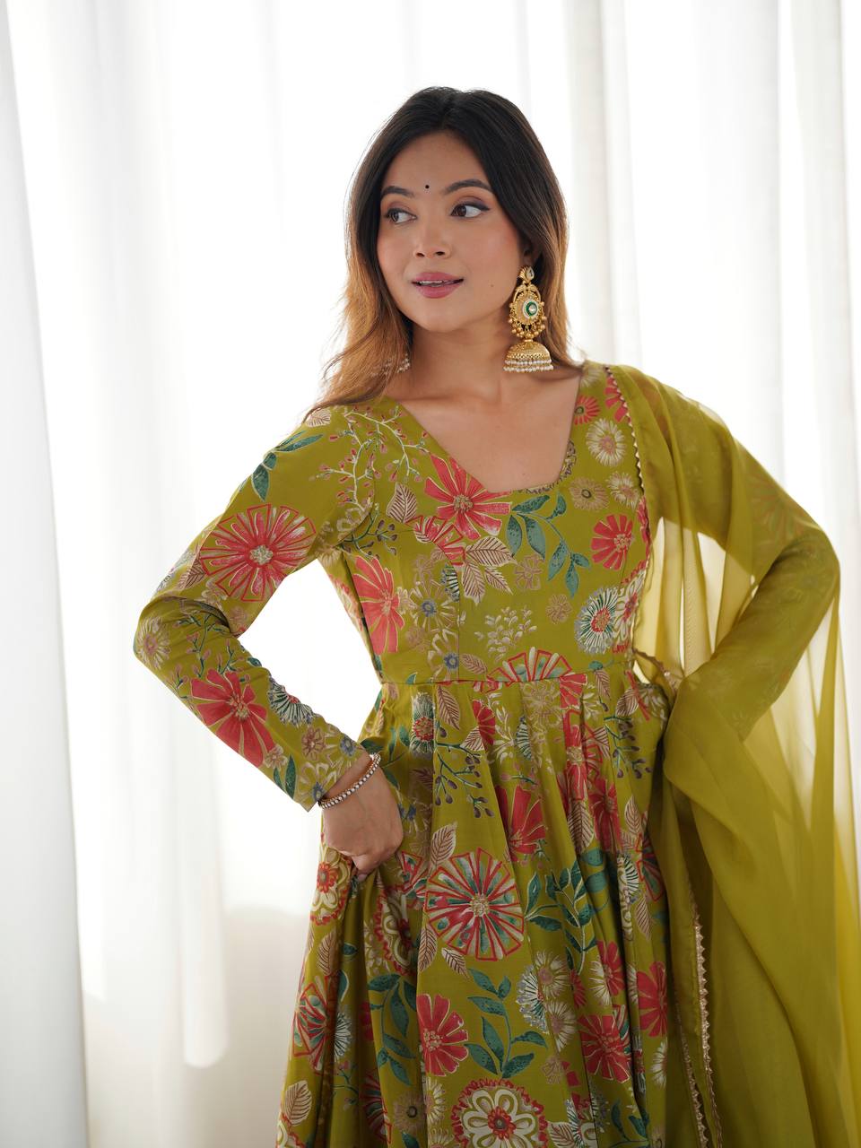 Festival Wear Mehndi Color Heavy Soft Chanderi Gown For Girls