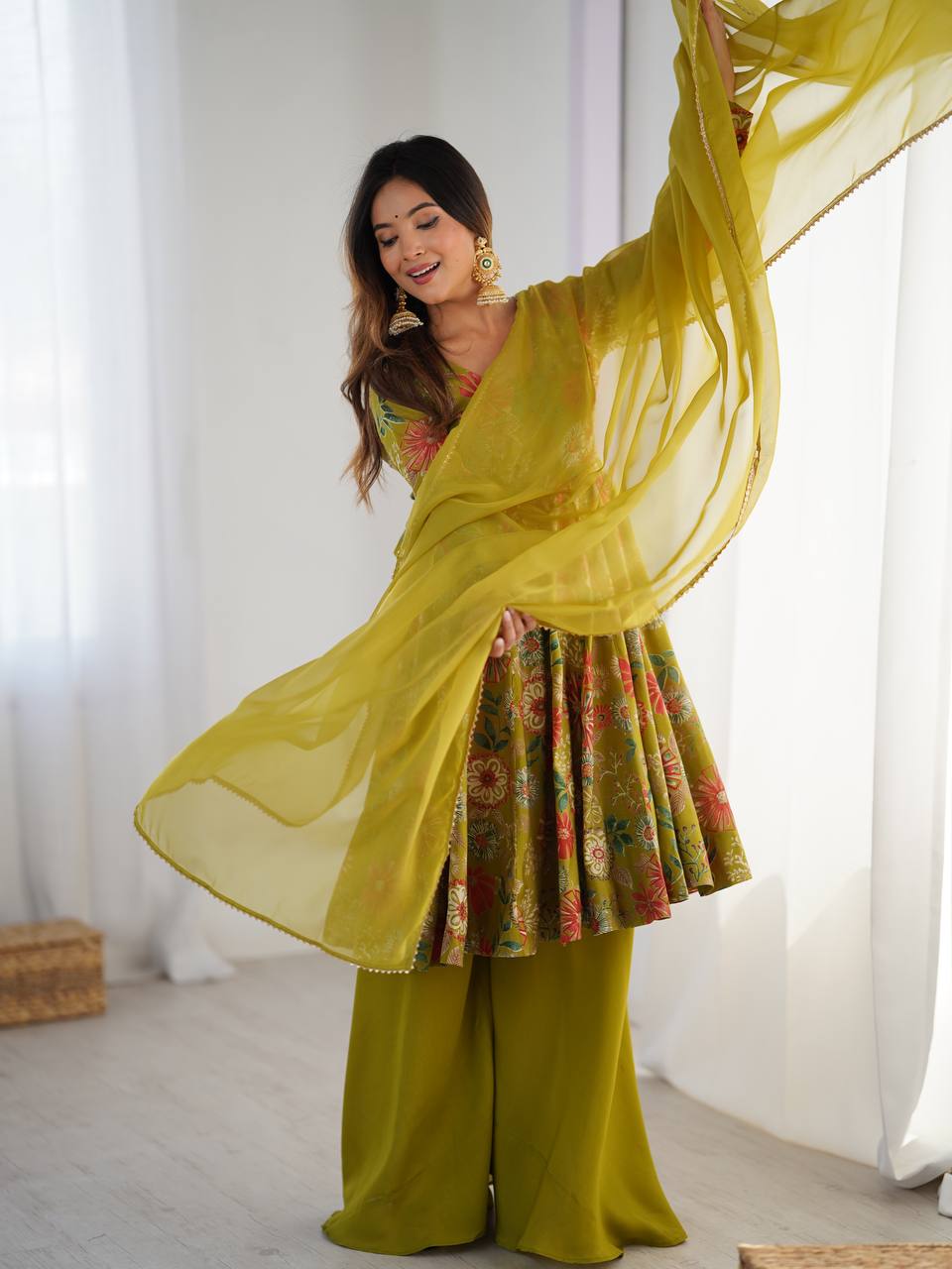 Festival Wear Mehndi Color Heavy Soft Chanderi Gown For Girls