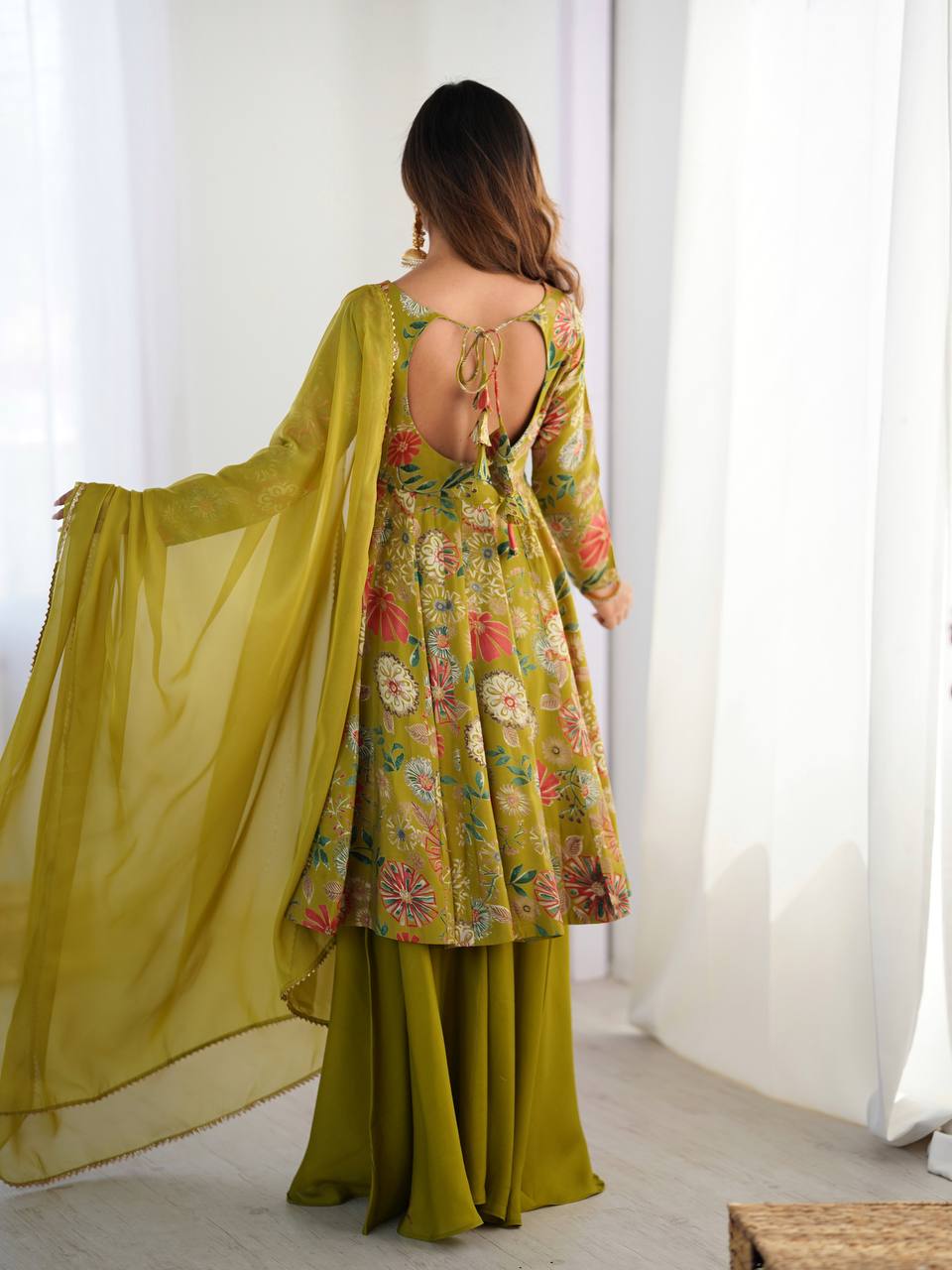 Festival Wear Mehndi Color Heavy Soft Chanderi Gown For Girls