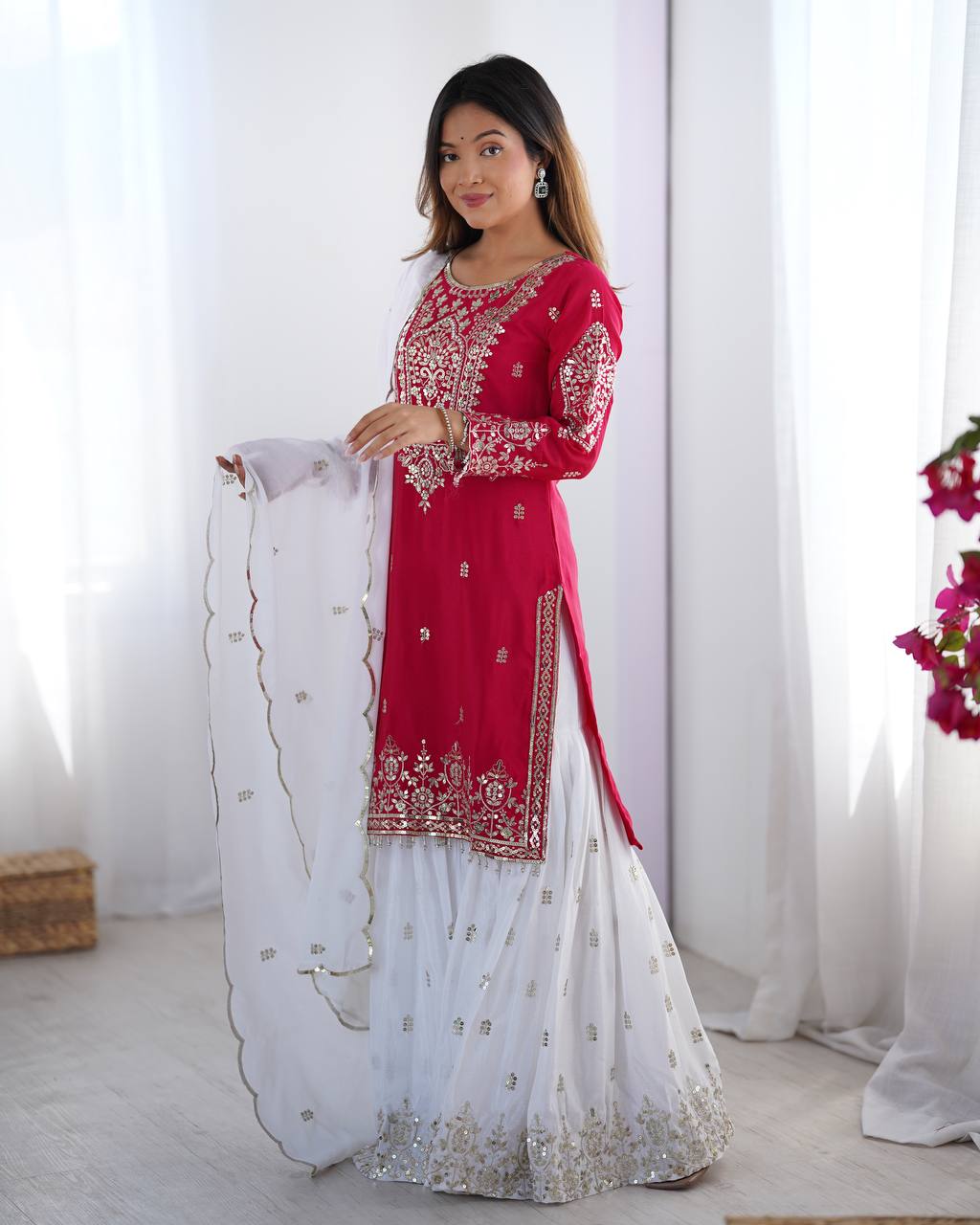Wedding Wear Pink Color Heavy Pure Chinnon Silk Sharara For Women