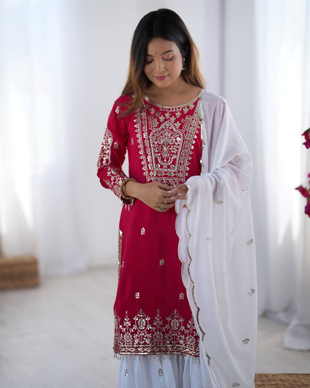 Wedding Wear Pink Color Heavy Pure Chinnon Silk Sharara For Women