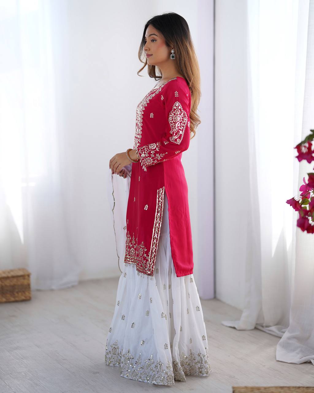 Wedding Wear Pink Color Heavy Pure Chinnon Silk Sharara For Women