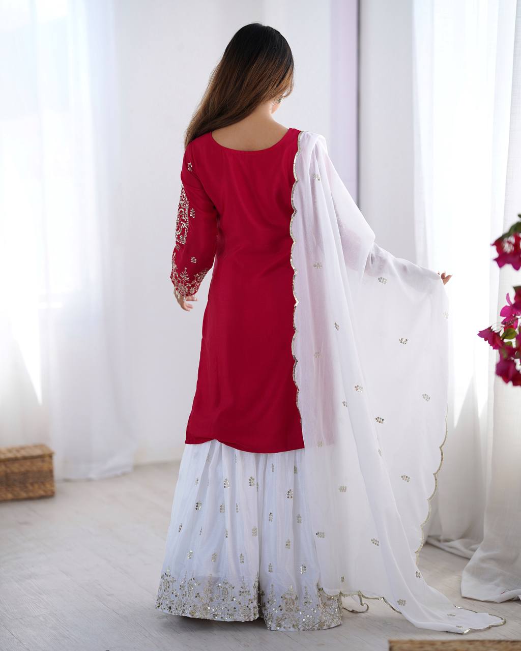 Wedding Wear Pink Color Heavy Pure Chinnon Silk Sharara For Women