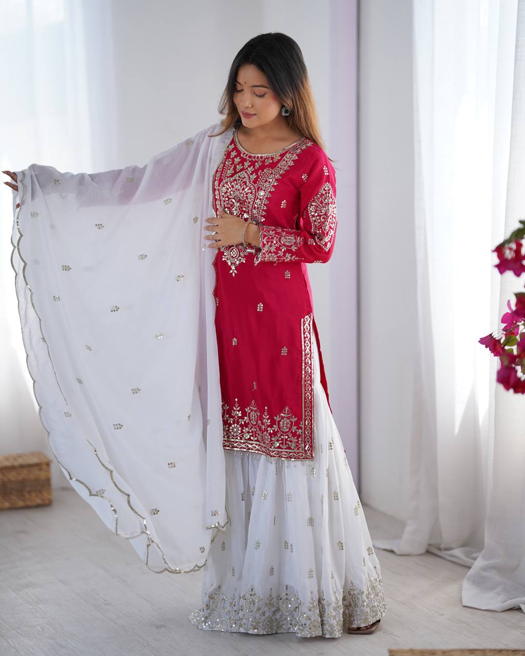 Wedding Wear Pink Color Heavy Pure Chinnon Silk Sharara For Women