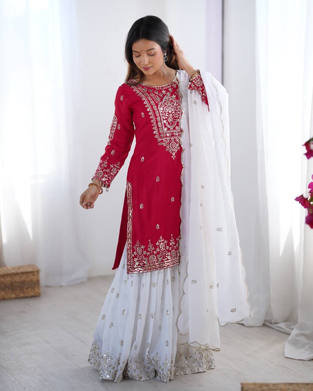 Wedding Wear Pink Color Heavy Pure Chinnon Silk Sharara For Women