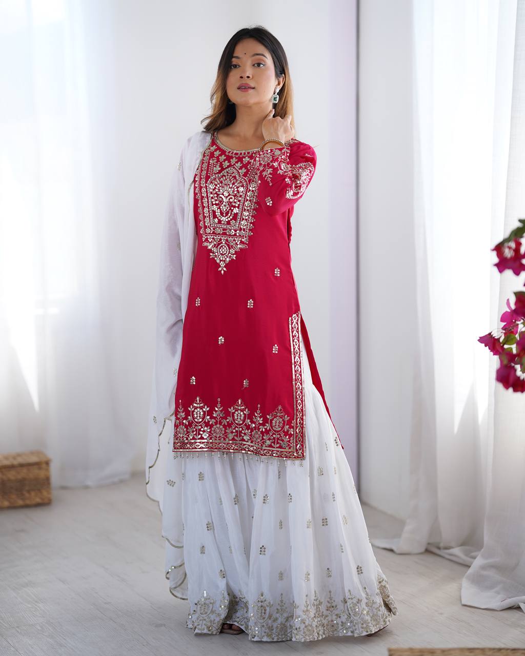 Wedding Wear Pink Color Heavy Pure Chinnon Silk Sharara For Women