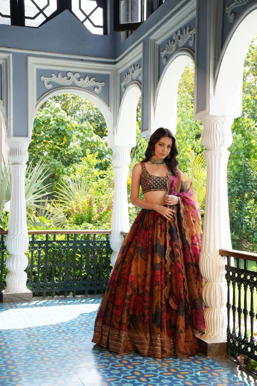 Wedding Wear Multi Color Tebi Organza Lehenga For Girls