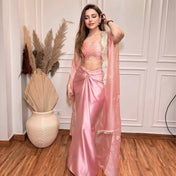 Party Wear Peach Color French Crape With Drees For Girls