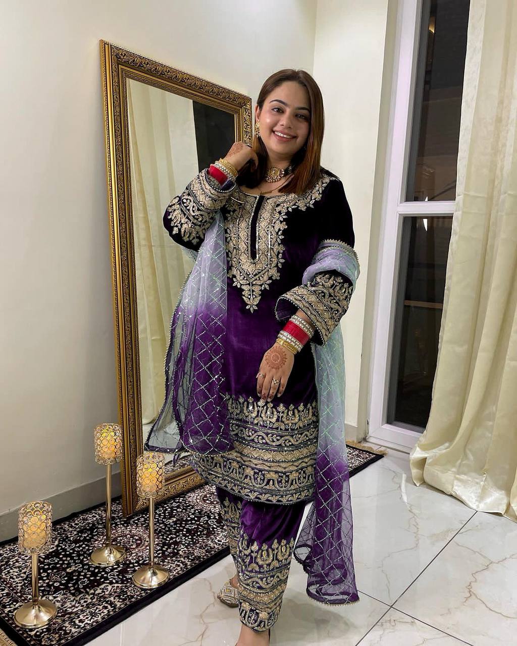 Wedding Wear Purple Color Heavy Viscose Velvet Kurti For Girls